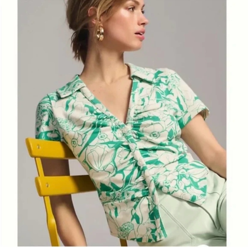 Anthropologie Green Floral Blouse